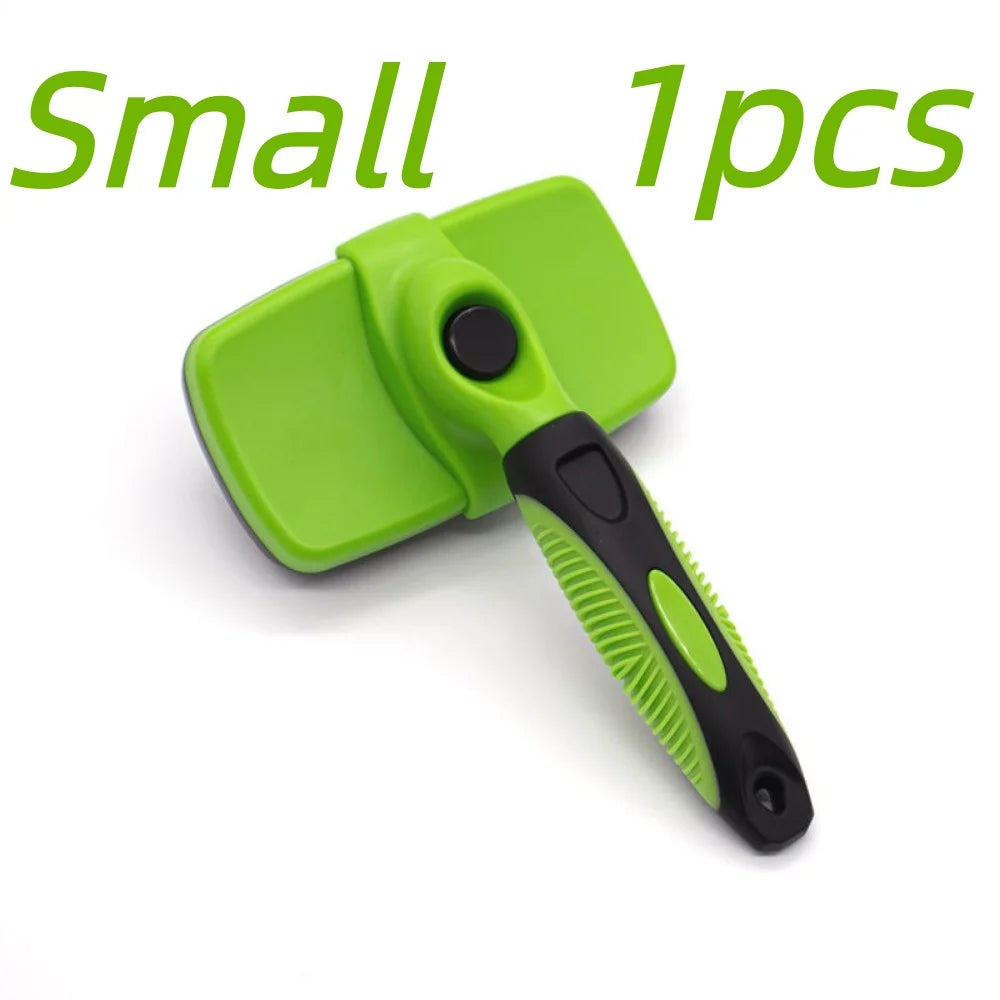 A small, lime green multi-functional pet grooming comb and scratcher set.