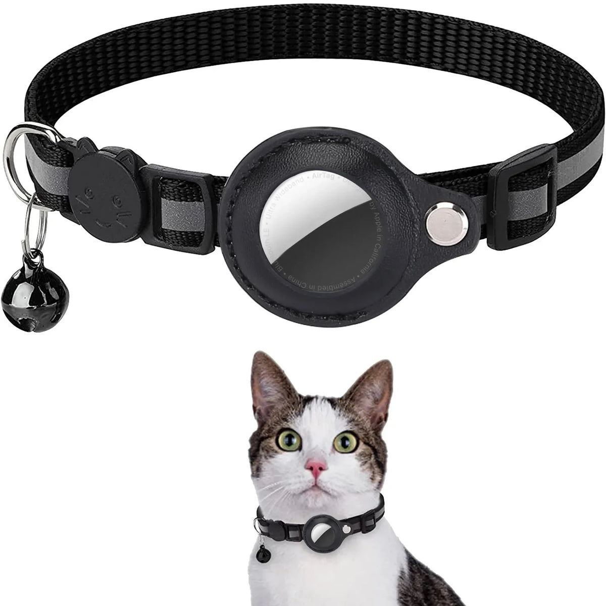 Black smart cat collar with an AirTag holder and breakaway buckle, shown next to a cat.