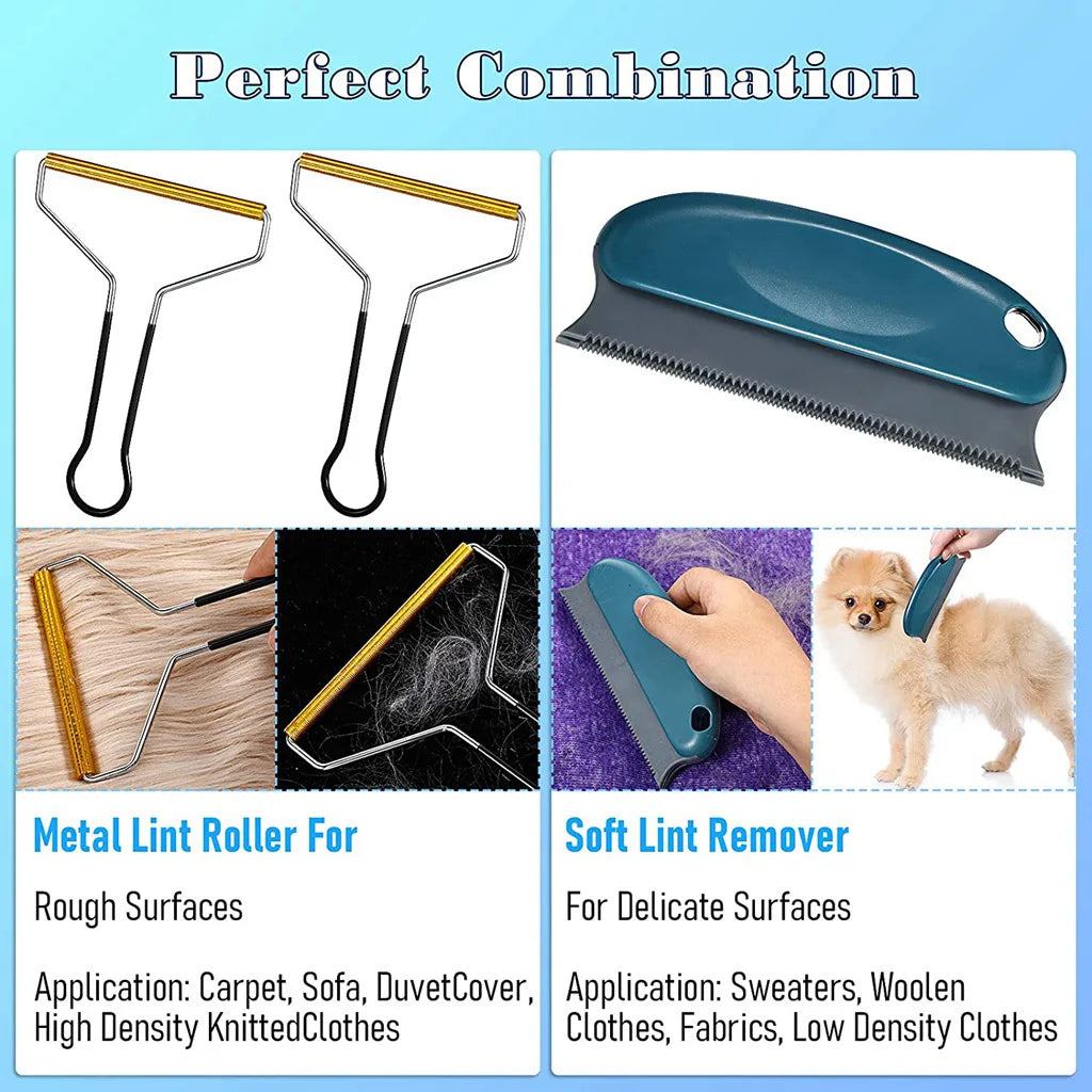 A set of metal lint rollers and a soft lint remover tool for removing lint from fabrics and pet hair.