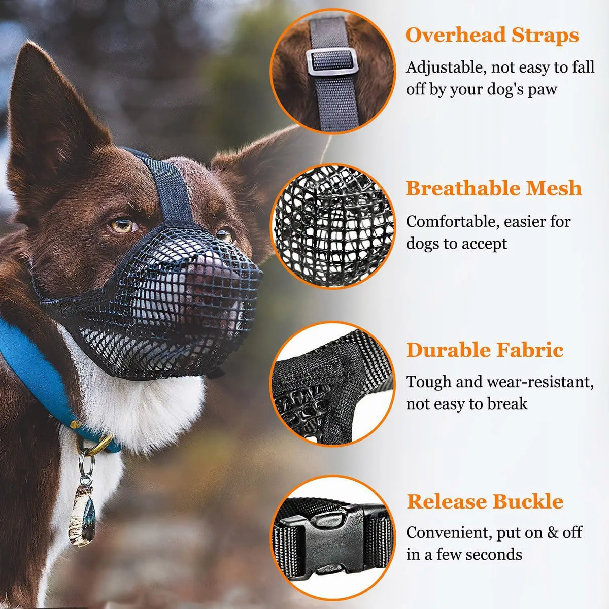 Close-up of a black mesh dog muzzle with adjustable straps, breathable fabric, and a release buckle.
