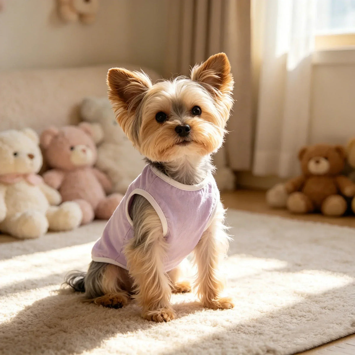 A small, fluffy terrier dog wearing a light purple breathable summer pet vest, sitting on a cream rug.