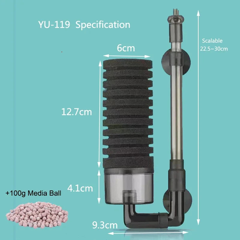 YU-119 Bio Sponge Filter with a vertical tube and media ball shown next to a scale.