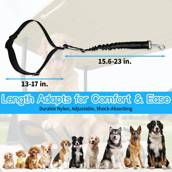 Cinturón de seguridad ajustable negro para perros que demuestra adaptabilidad de longitud y absorción de impactos.