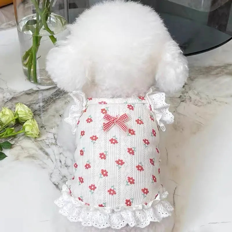 A white knitted vest with a floral print and lace trim for a dog or cat.