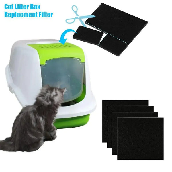 Replacement filter pads for a cat litter box shown with a kitten and scissors.