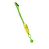 A bright green durable dog tug-of-war rope toy with a yellow ball at the end.