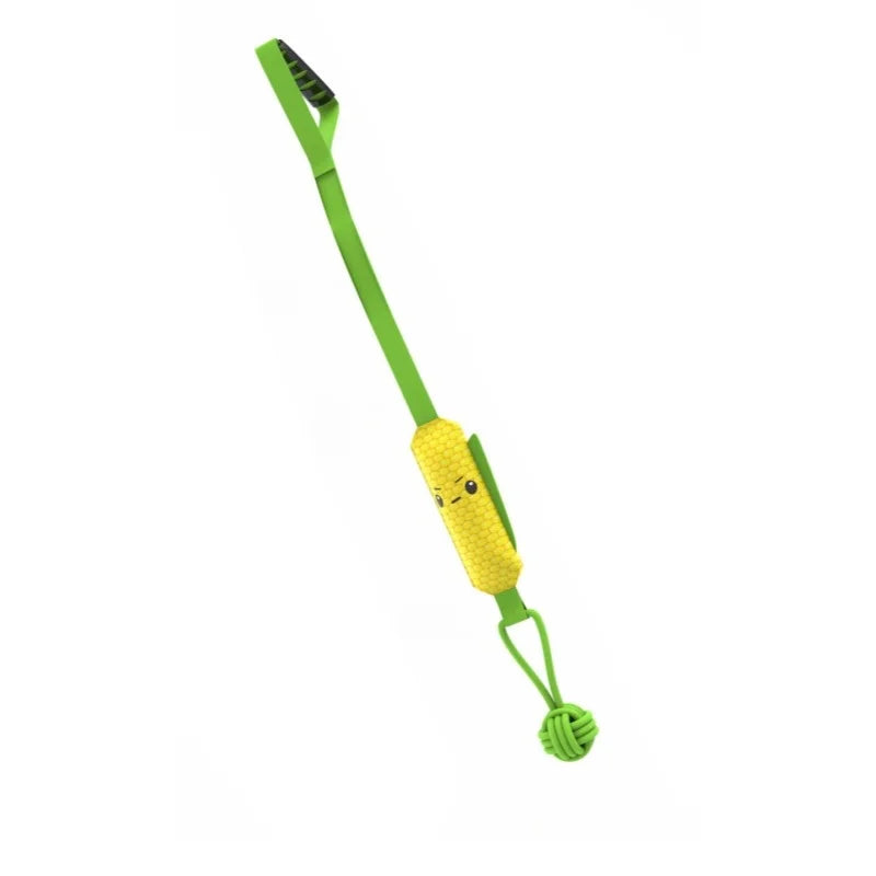 A bright green durable dog tug-of-war rope toy with a yellow ball at the end.