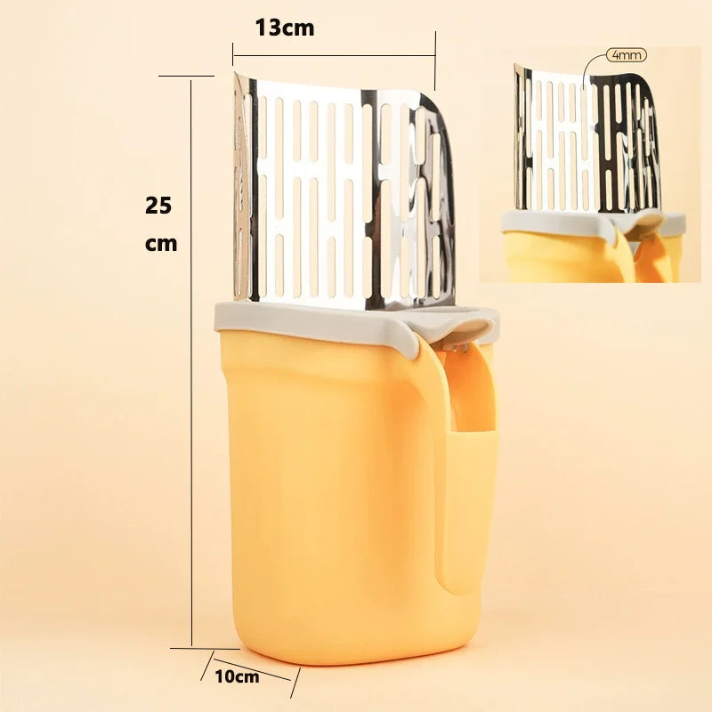 A yellow plastic litter box with a stainless steel shovel and refill bag shown next to dimensions.