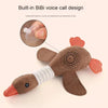 A brown plush toy shaped like a duck with an orange beak and ear, designed for voice calls.