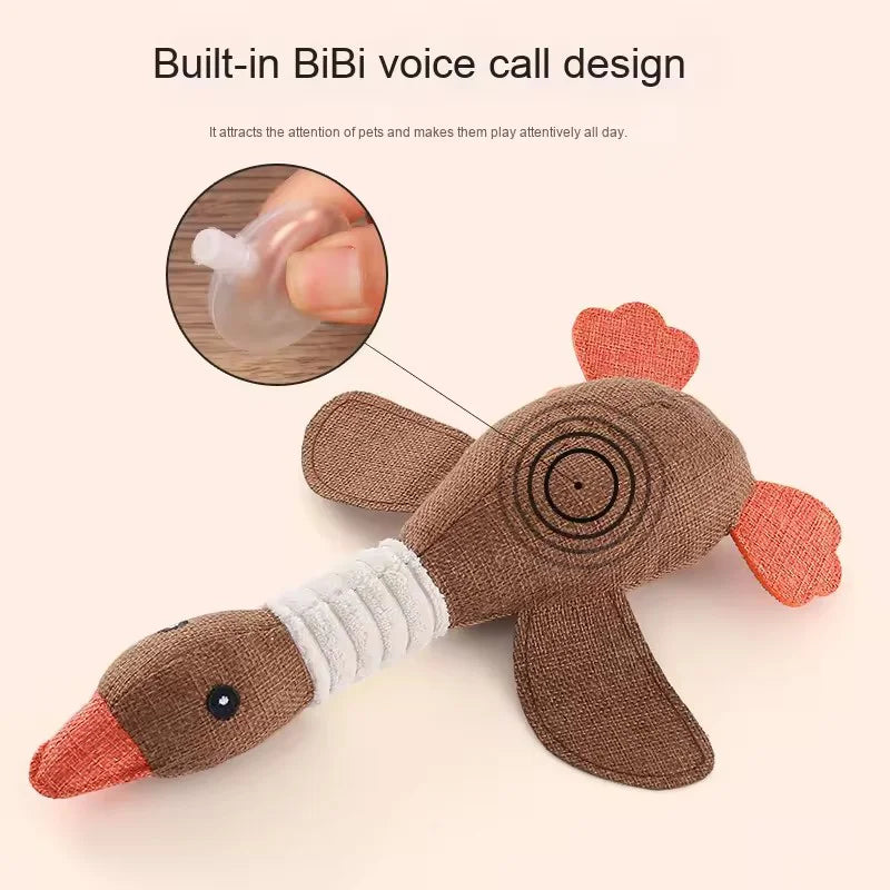 A brown plush toy shaped like a duck with an orange beak and ear, designed for voice calls.
