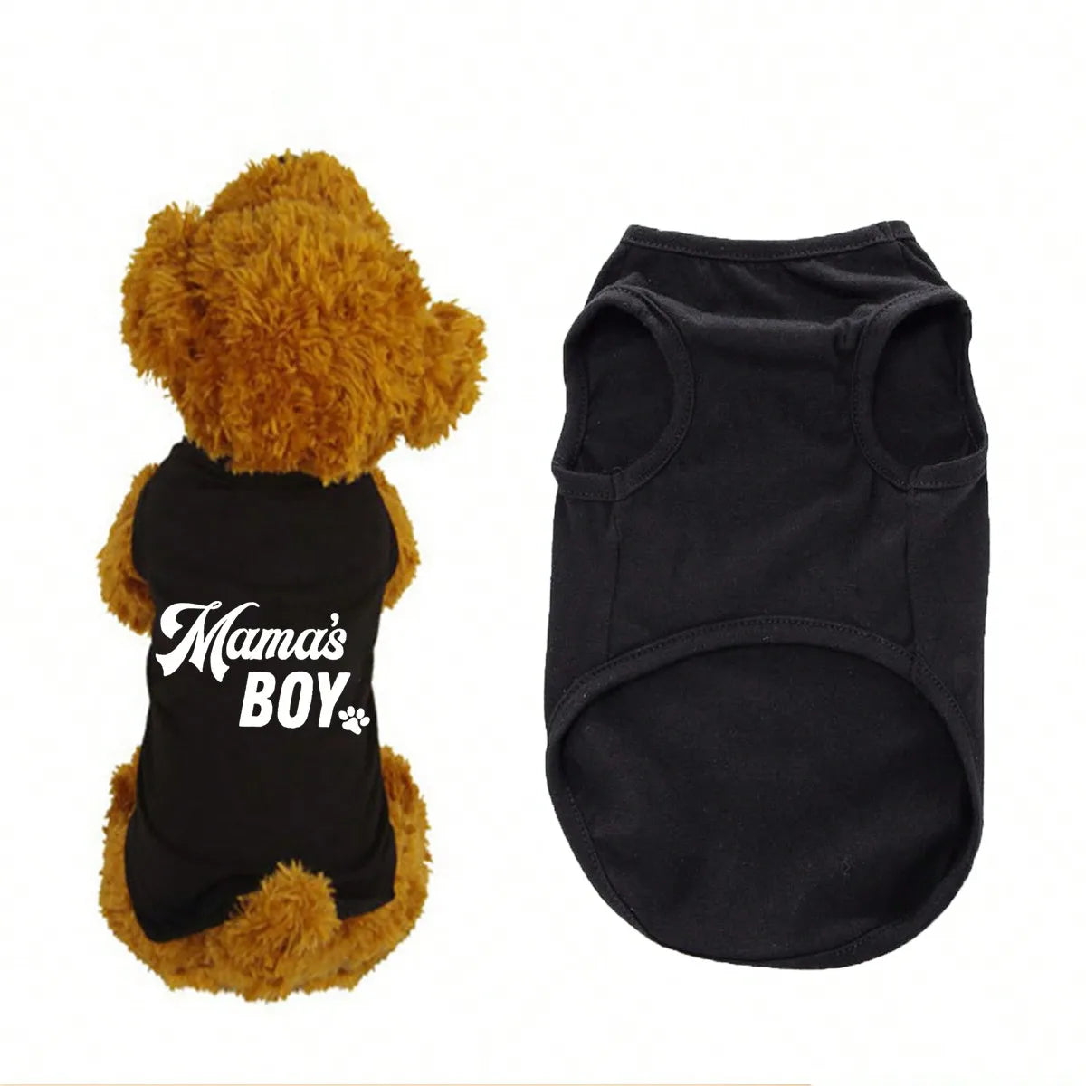 A fluffy golden dog toy wearing a black vest with white text that reads Mama's Boy.