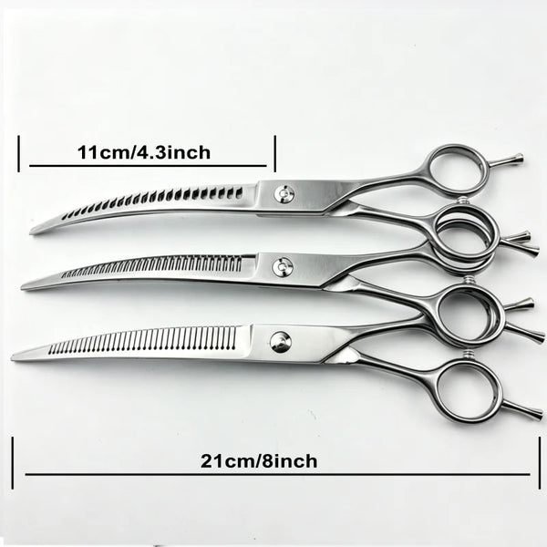 A set of three stainless steel curved pet hair trimming scissors for dogs shown with dimension lines.