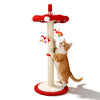 Hoher rot-Kratzbalken mit rotter Spitze und Spielzeug, präsentiert von einer orange-gestreiften Katze.