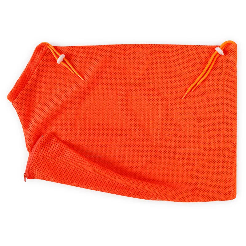 Orange reusable mesh bag for cat grooming and bathing with drawstring closure