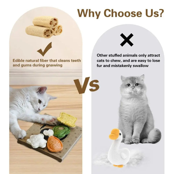 Comparison showing edible natural fiber cat chew toys versus other stuffed animals.