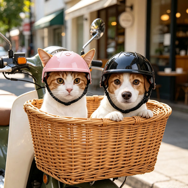 A cat and a dog wearing pink and black safety helmets sit in a woven basket on a vintage motorcycle.