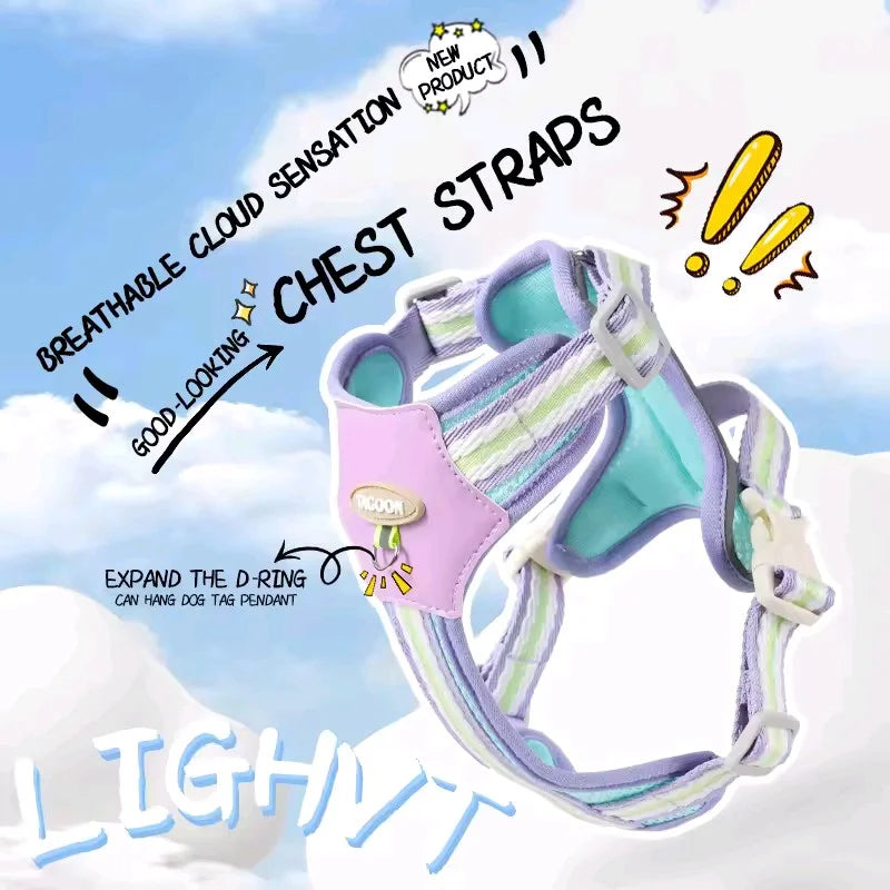 A purple and light blue breathable cloud sensation chest strap dog harness is shown against a snowy background.