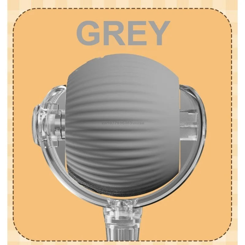 A grey automatic rolling interactive ball for cats shown in a close-up view.