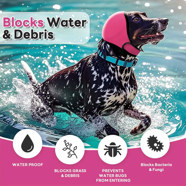 Un chien noir portant un écouteur waterproof rose nage dans l'eau, démontrant sa capacité à bloquer l'eau et les débris.