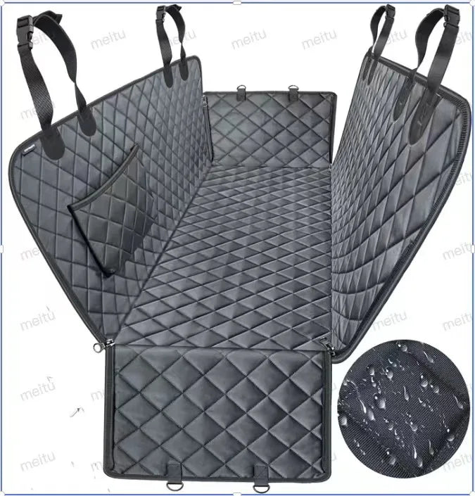 A black waterproof dog car seat cover hammock designed for rear seats, shown in various configurations.