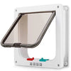 A white plastic pet door flap with a clear glass window and four locking mechanisms.