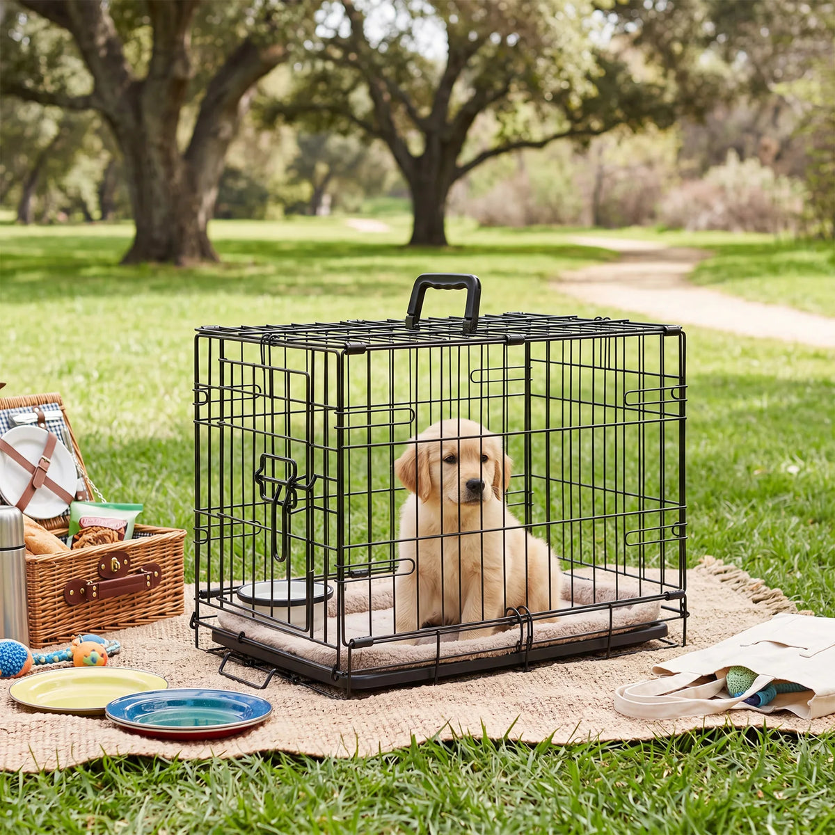 A black foldable metal pet crate with a security lock sits on a woven mat in a grassy outdoor setting.