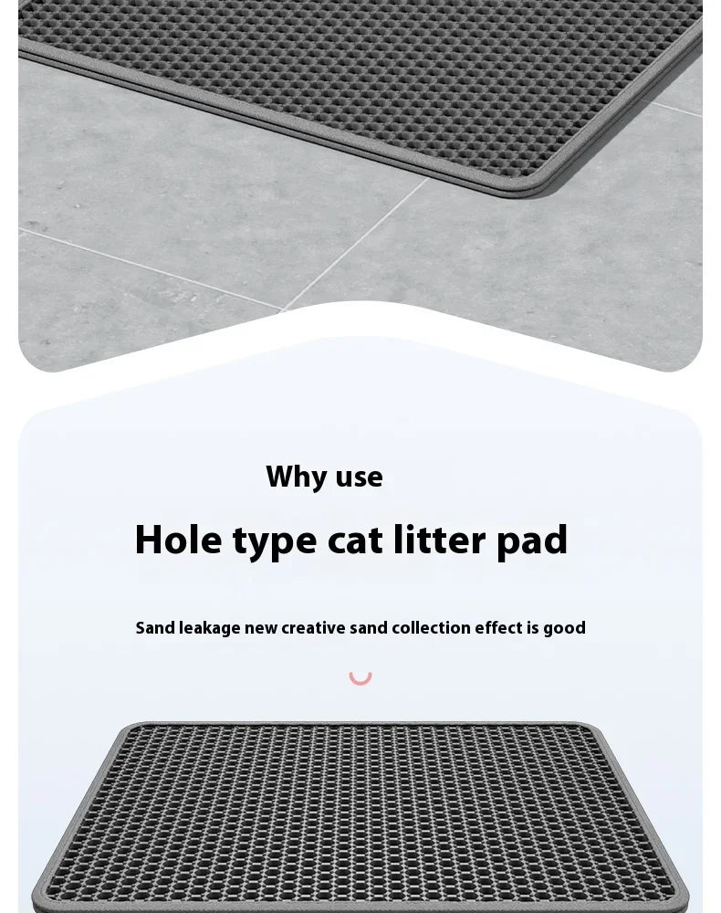 A gray, double-layer cat litter pad with a non-slip base is shown on a tile surface.