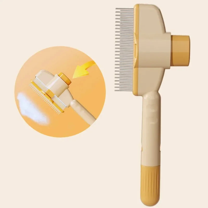 A beige self-cleaning pet brush with massage pins and a comb attachment.