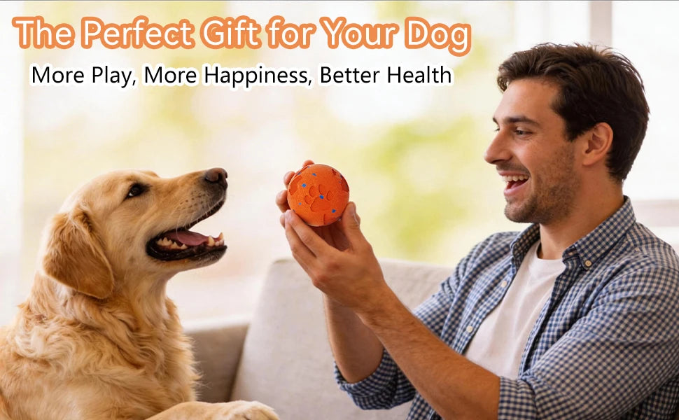 A man is giving an orange pet ball to a golden retriever, promoting play and health for dogs.