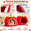 Red strawberry shaped pet bed for rabbits and hamsters with a natural hideout interior