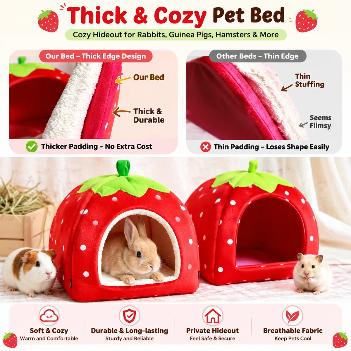 Red strawberry shaped pet bed for rabbits and hamsters with a natural hideout interior