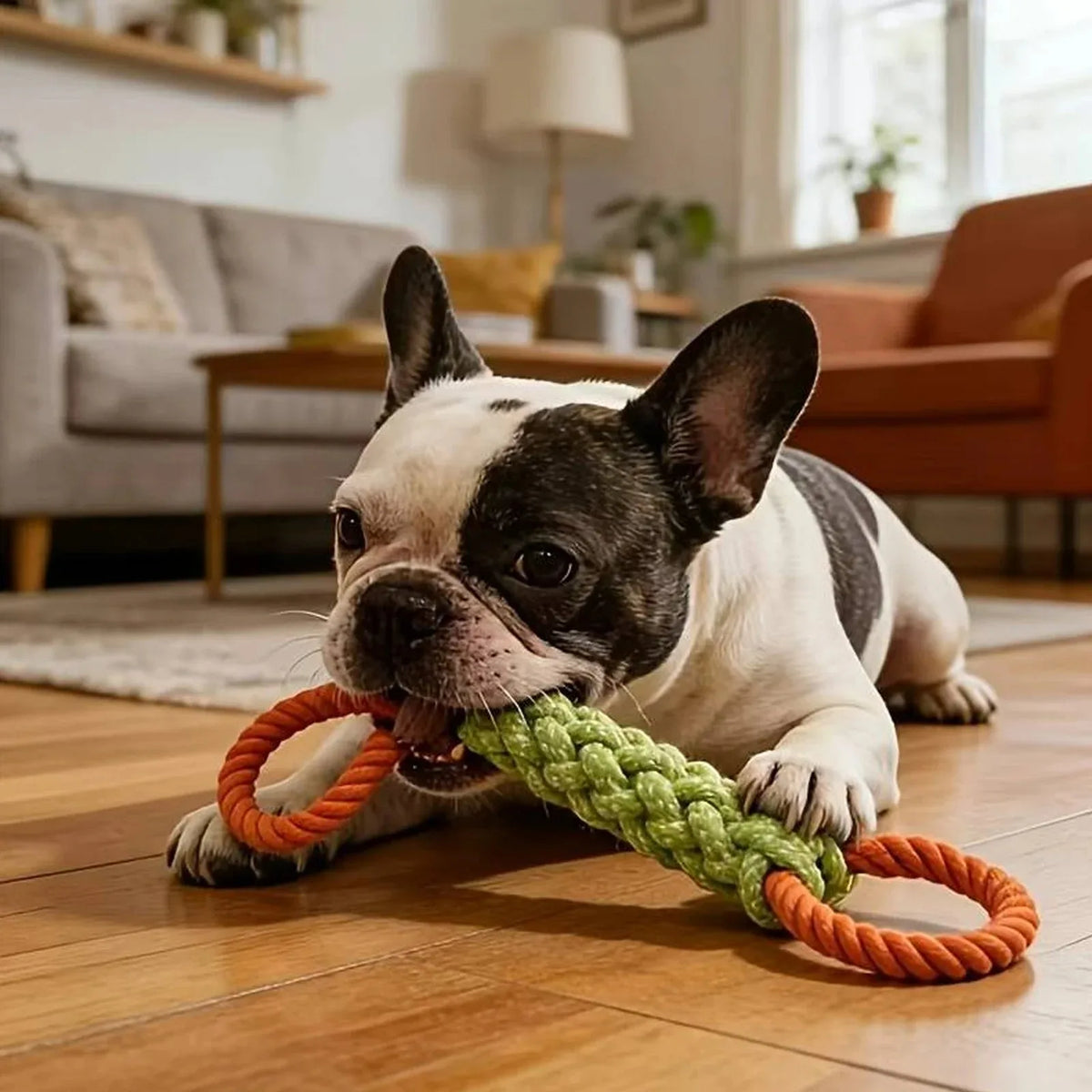 A French Bulldog is chewing an orange and green durable dog chew rope toy on a wooden floor.