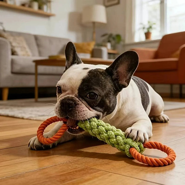 A French Bulldog is chewing an orange and green durable dog chew rope toy on a wooden floor.