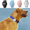 A golden retriever wearing a blue silicone airtag holder for its collar.