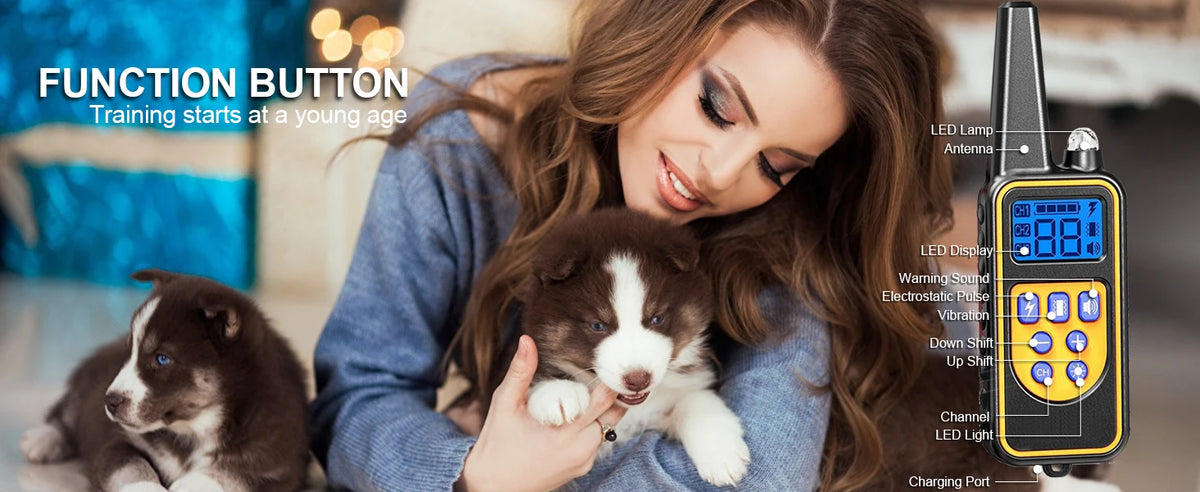 A woman holds a puppy with an LED training collar, demonstrating the product for dog training.