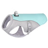 Light blue evaporative cooling dog vest with a gray harness and reflective hardware