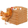 A brown hen stands next to a large nest of natural coconut coir for chicken coops, with several eggs visible.