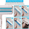 A self-clean hair remover roller tool is shown with five steps demonstrating how to collect hair.