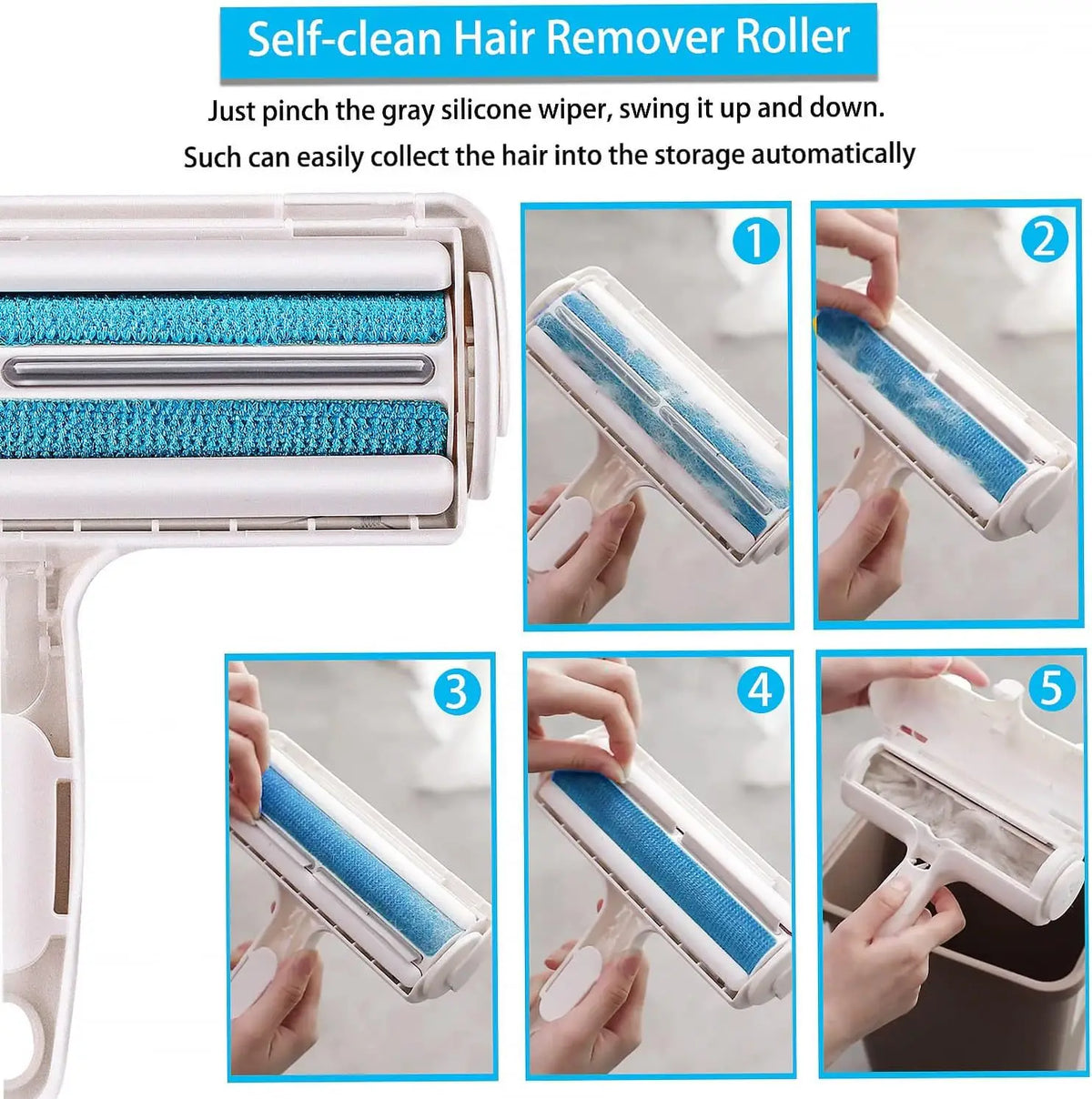 A self-clean hair remover roller tool is shown with five steps demonstrating how to collect hair.