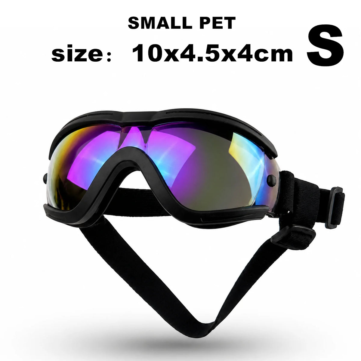 Schwarze Anti-UV Hundegoggles in Größe S mit schwarzem Riemen und spiegelnden Linsen