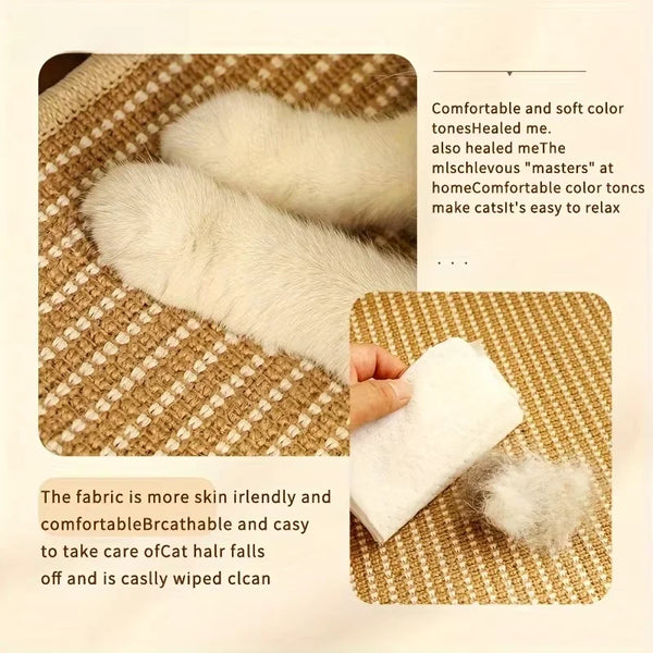 A fluffy white cat scratcher and lounger bed placed on a woven mat.