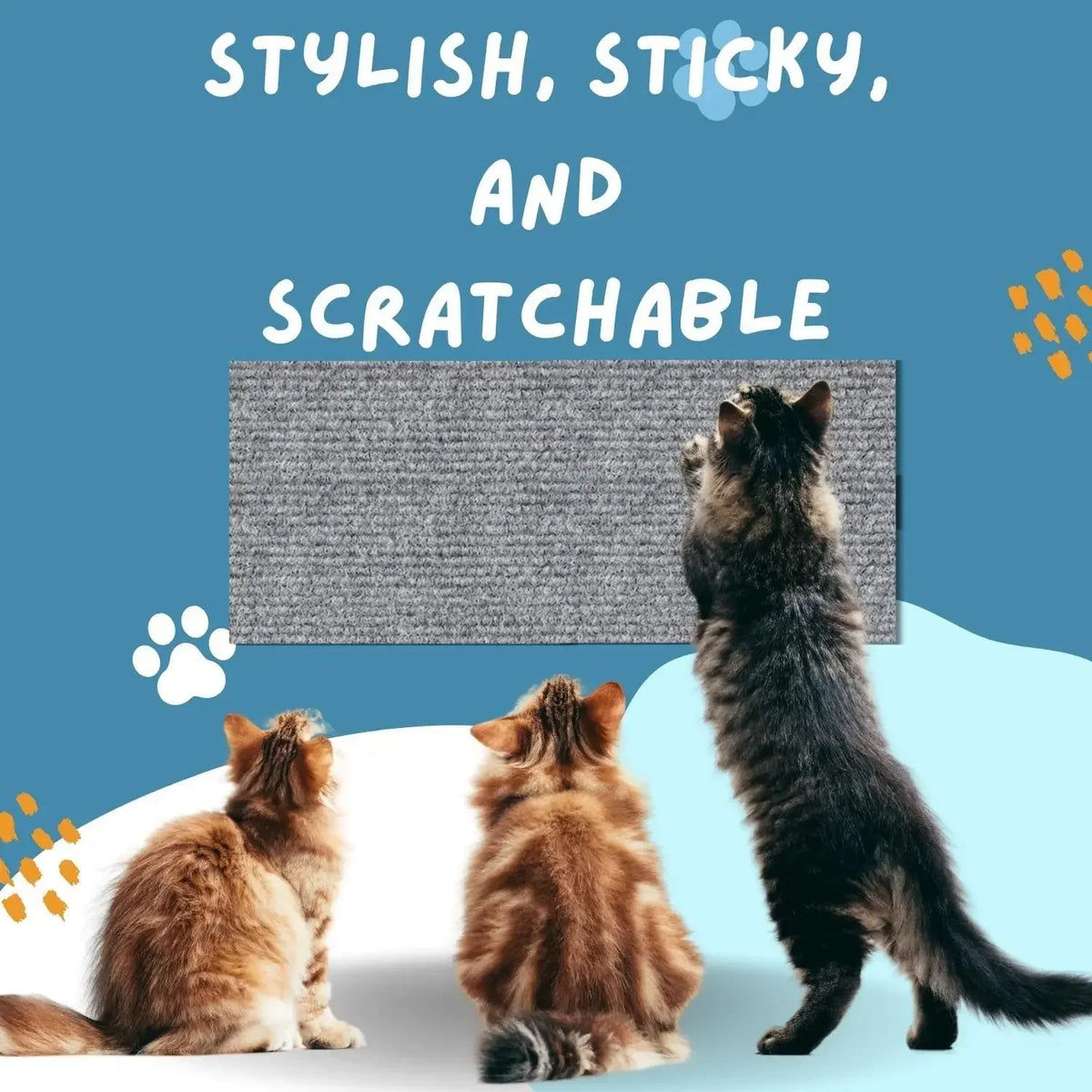 Eine Katze kratzt eine strukturierte Matte auf einer Oberfläche, die stilvolle, klebrige und kratzbare Funktionen demonstrier