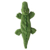A green plush toy shaped like a lizard or gecko with large eyes.