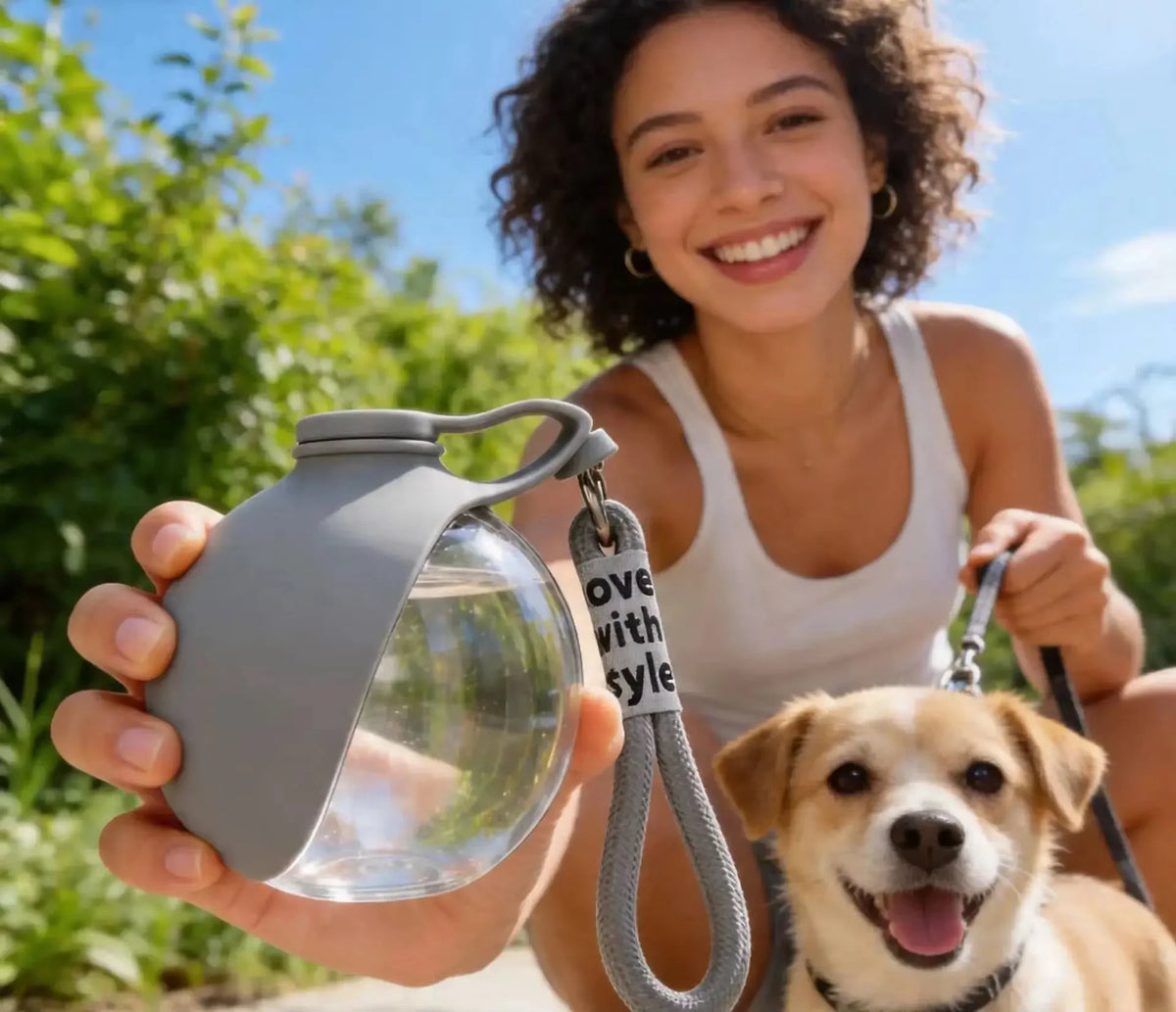 A young woman holds a gray portable pet water bottle with a clear dispenser and lanyard, smiling while a dog looks at the cam