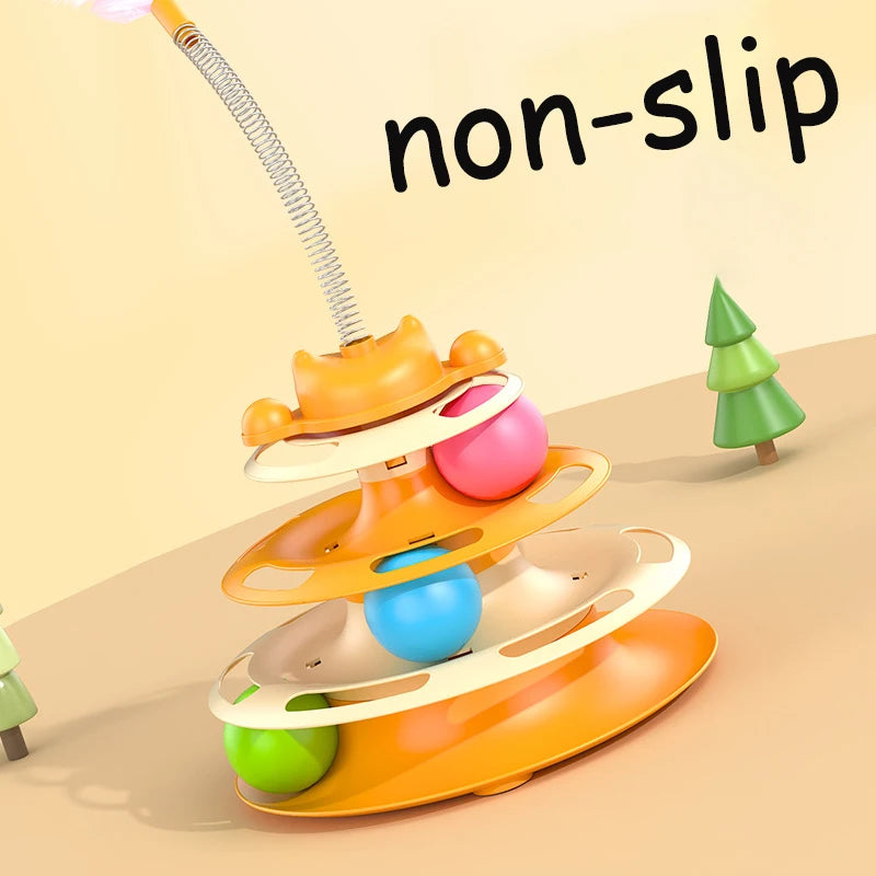 An orange interactive cat toy tower with multiple rotating platforms and colorful balls, designed to be non-slip.