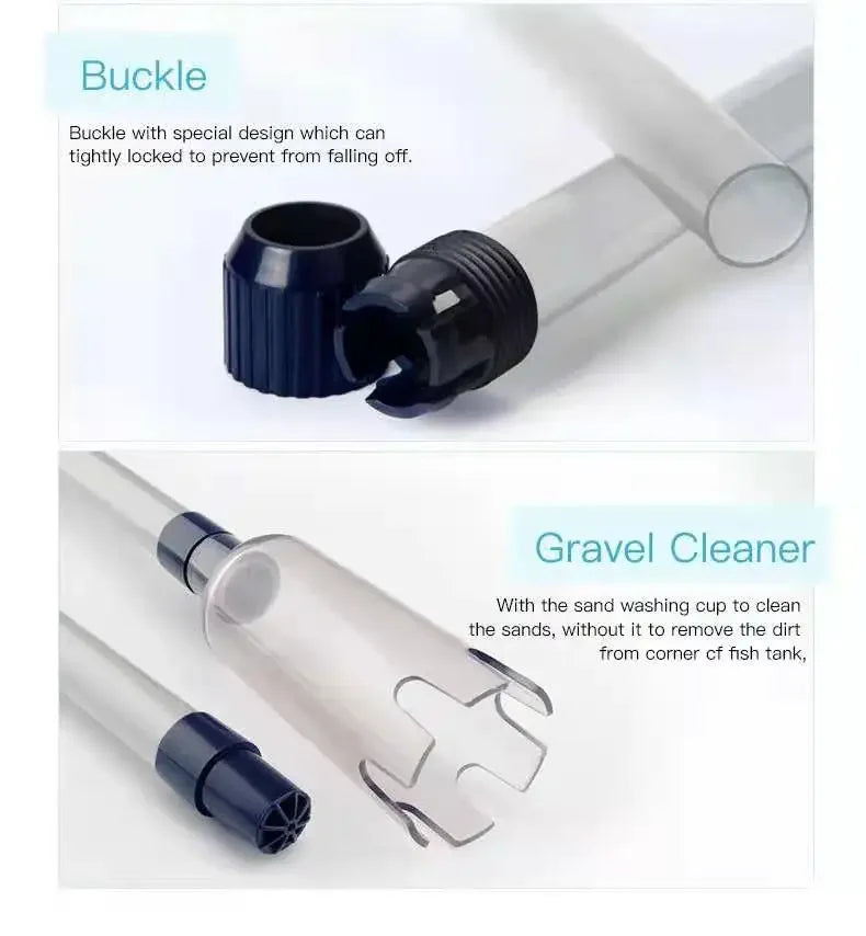 Gros plan d'une boucle en silicone et d'un outil de nettoyage de gravier pour nettoyer les sables des aquariums.