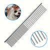 A silver grooming comb with fine teeth is shown alongside a close-up of a dog's head.