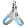 A gray and blue adjustable reflective mesh dog harness vest with a silver clip.