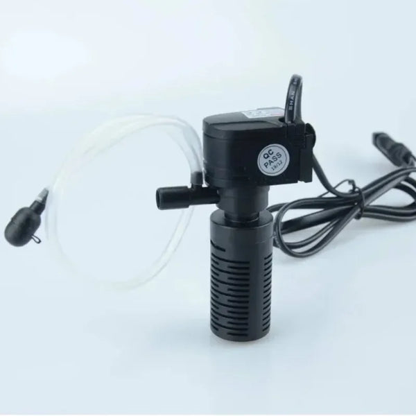 A black 3-in-1 aquarium filter pump with a clear tube and electrical cord.