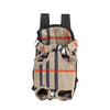 A tan and black plaid adjustable backpack carrier for cats and dogs.